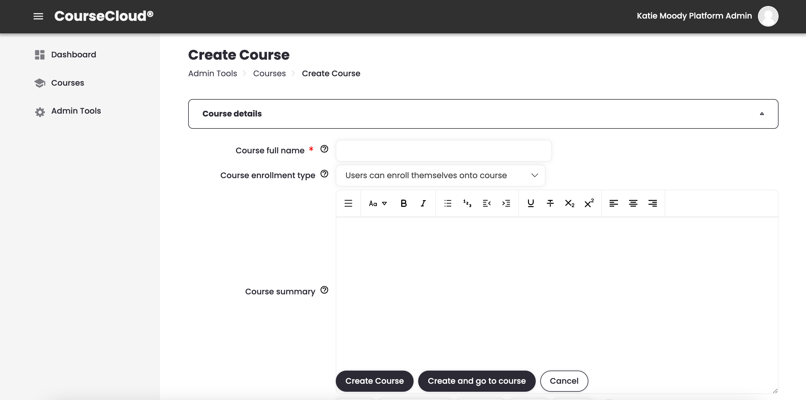 3 - The top of the Create Course page, showing the fields for Course full name, Enrollment type, and Summary.png