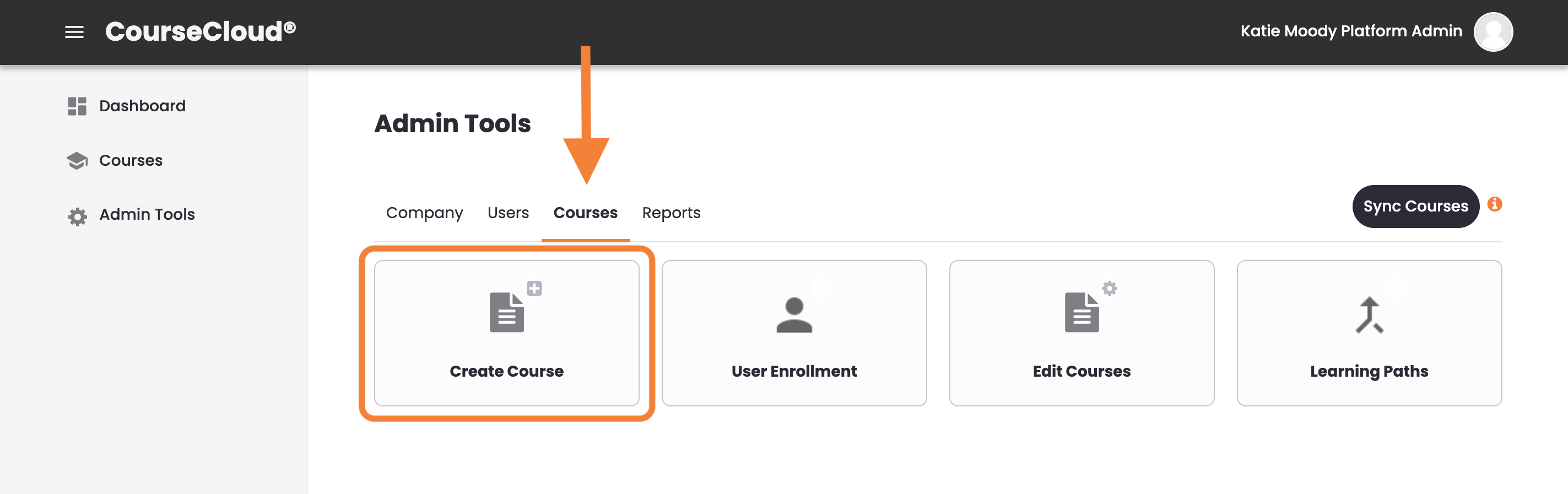 2 - The Admin Tools page, indicating the Courses tab and the Create Course card.png