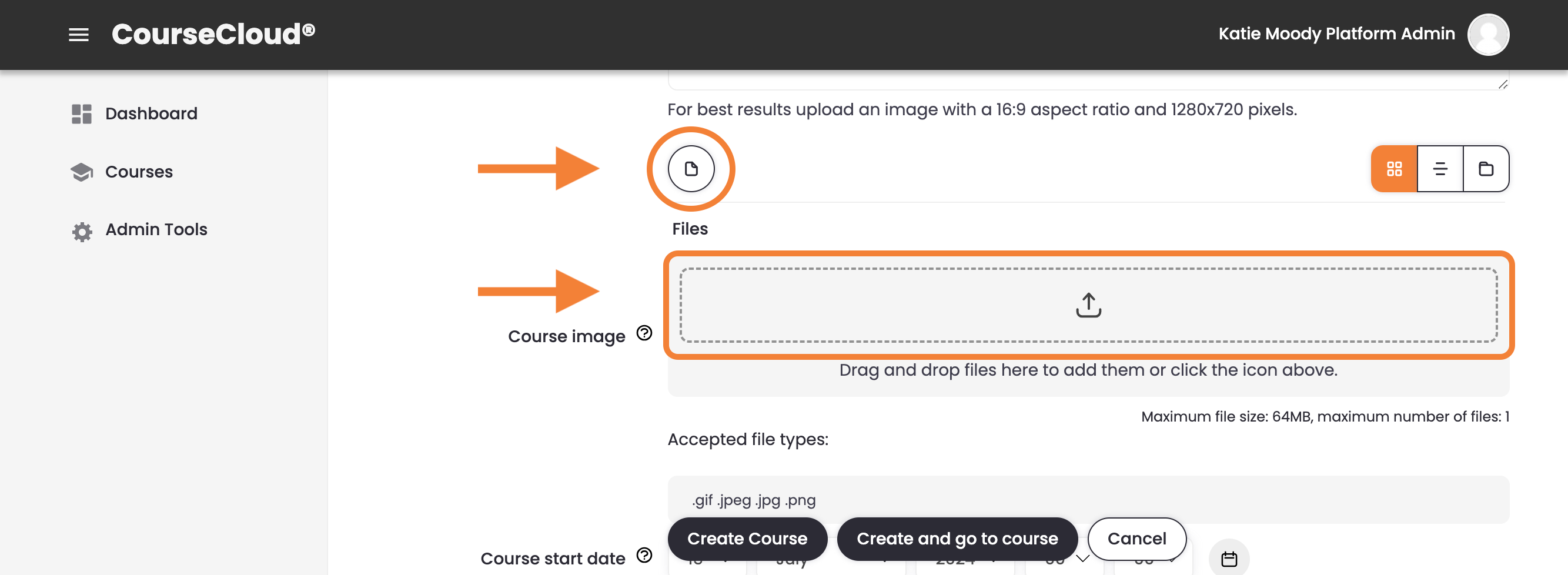 4 - The middle of the Create Course page, indicating the Files icon and the Course Image upload box.png