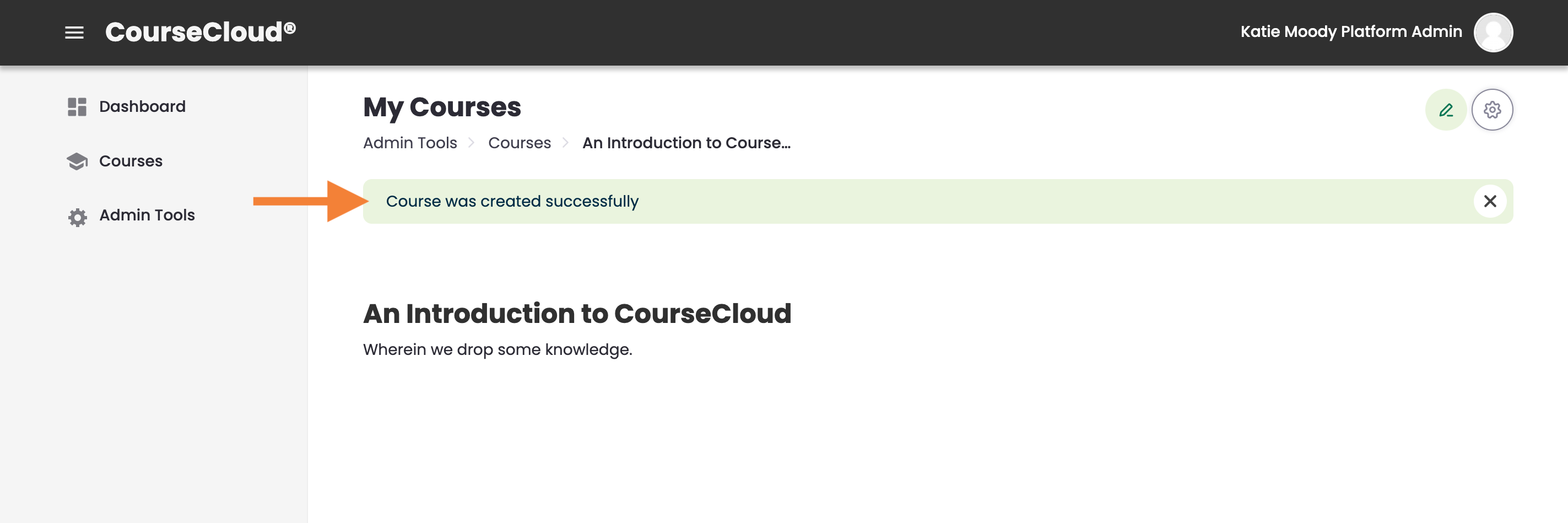 6 - The new course's framework page, indicating a success message.png
