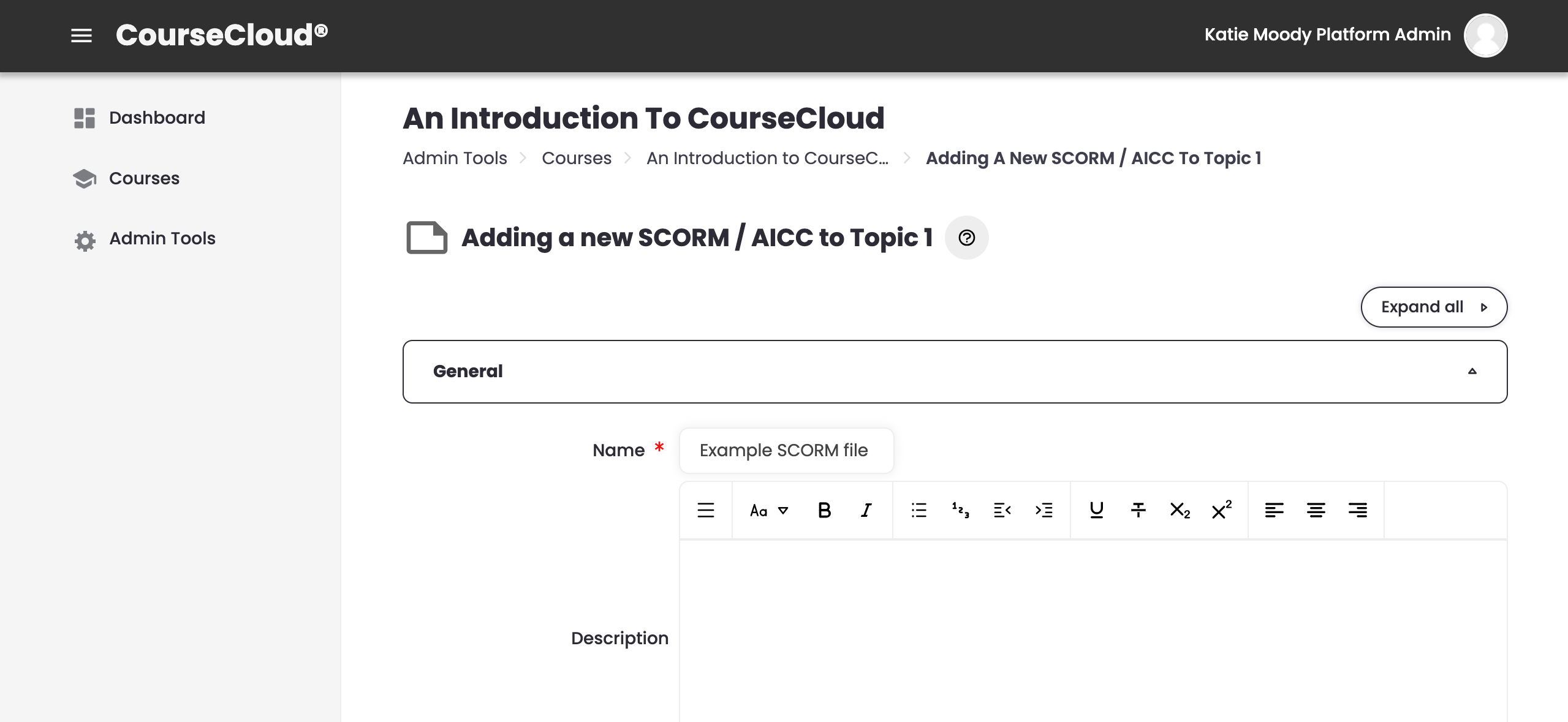 17 - The top of the Adding a new SCORM or AICC page, showing the name field and description field.png