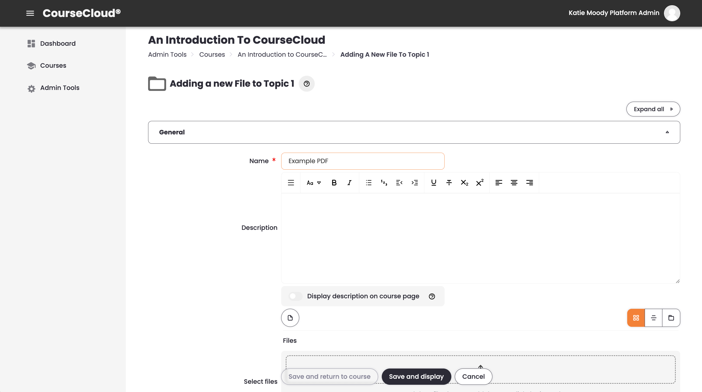 11 - The top of the Adding a new File page, showing the name field, description field, and 