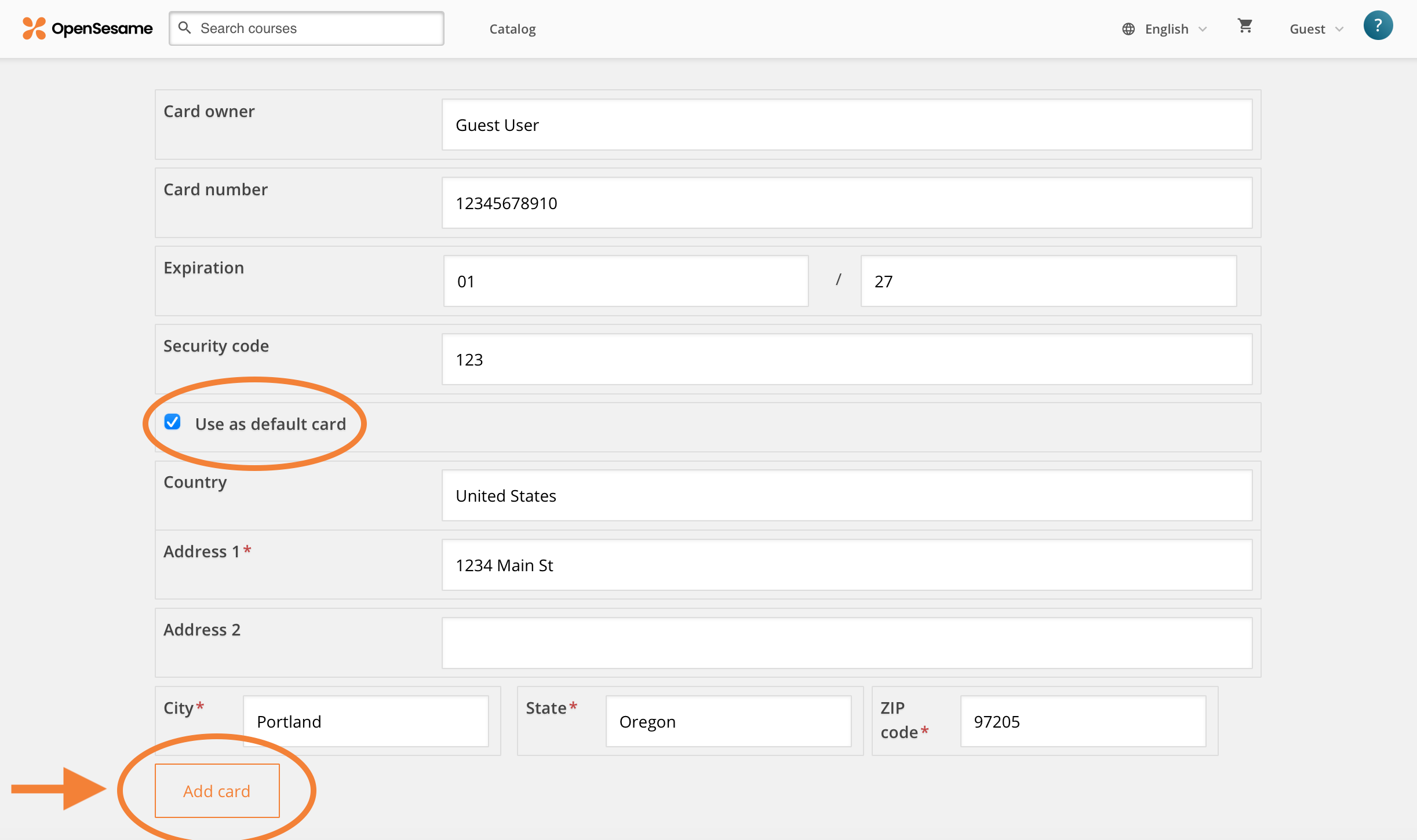 4 - The page for adding card details, indicating the checkbox for Use as Default Card and the button for Add card.png