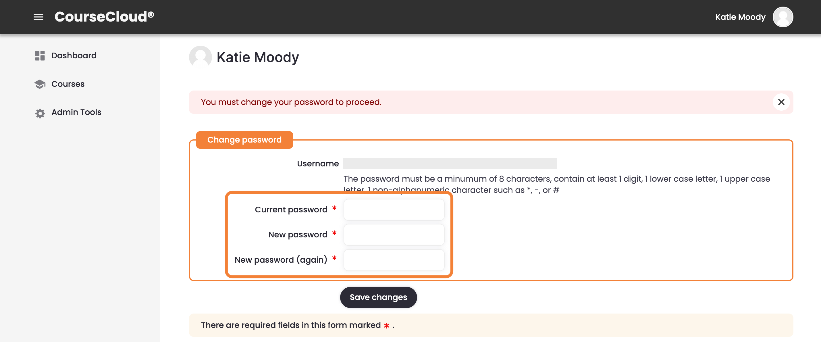4 - CourseCloud's initial screen, indicating the fields for changing the temporary password.png