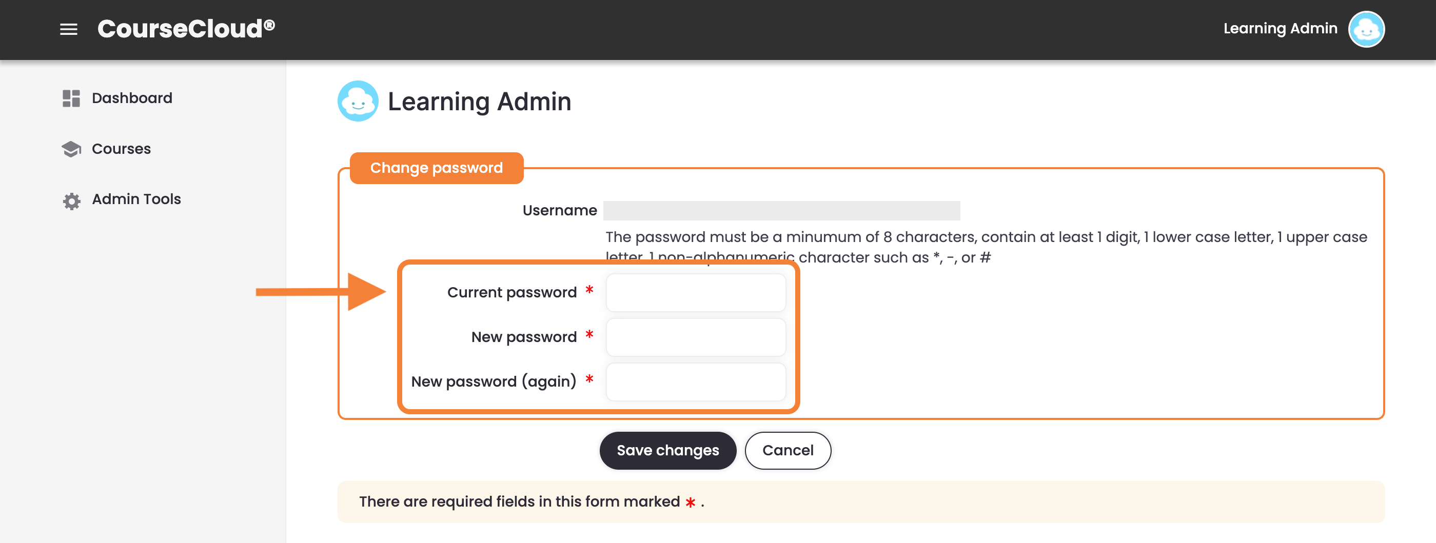2 - The Change Password page, indicating the fields for the current and new passwords.png