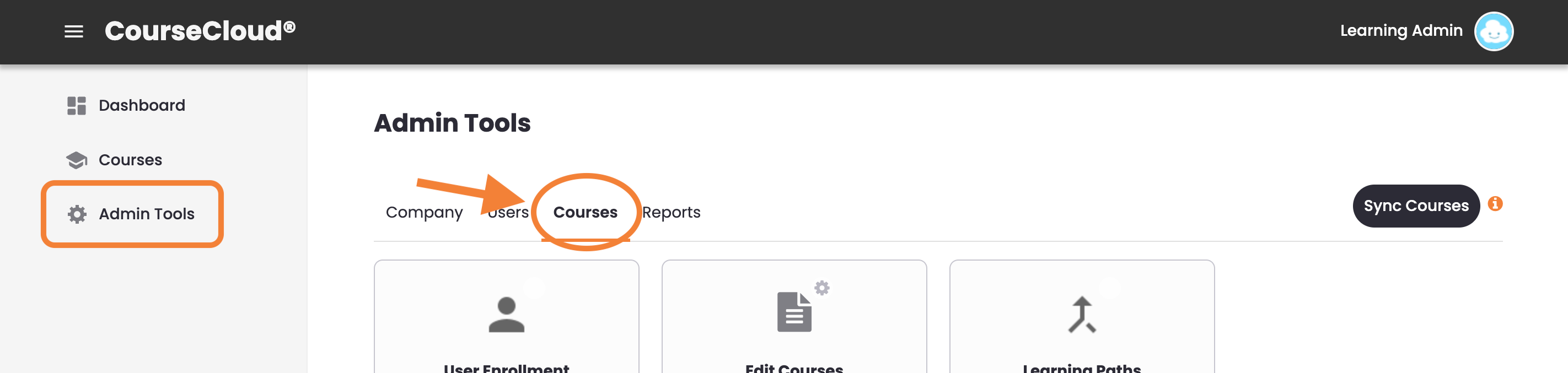 1 - The Admin Tools, indicating the Courses tab.png