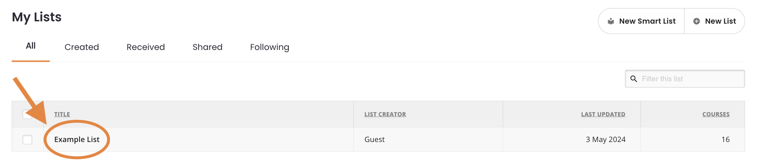 2 - The My Lists page, indicating the title of a List.png