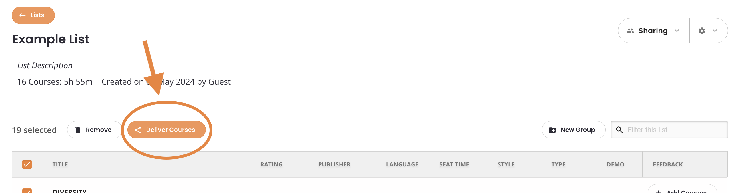 4 - The example List with all courses selected, indicating the Deliver Courses button.png