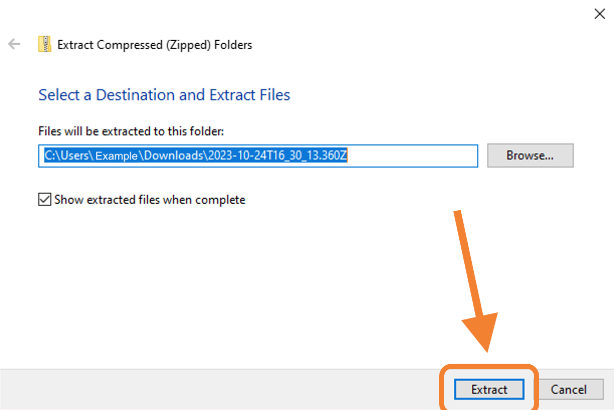PC steps 4 - Selected destination folder, indicating the Extract button.png