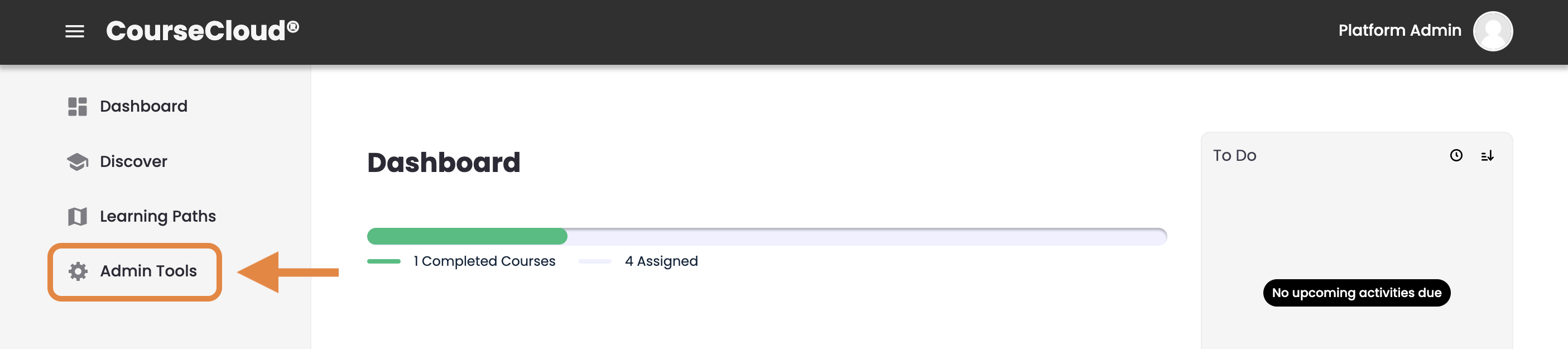 1 - The CourseCloud dashboard for a Platform Administrator, indicating the Admin Tools option.png