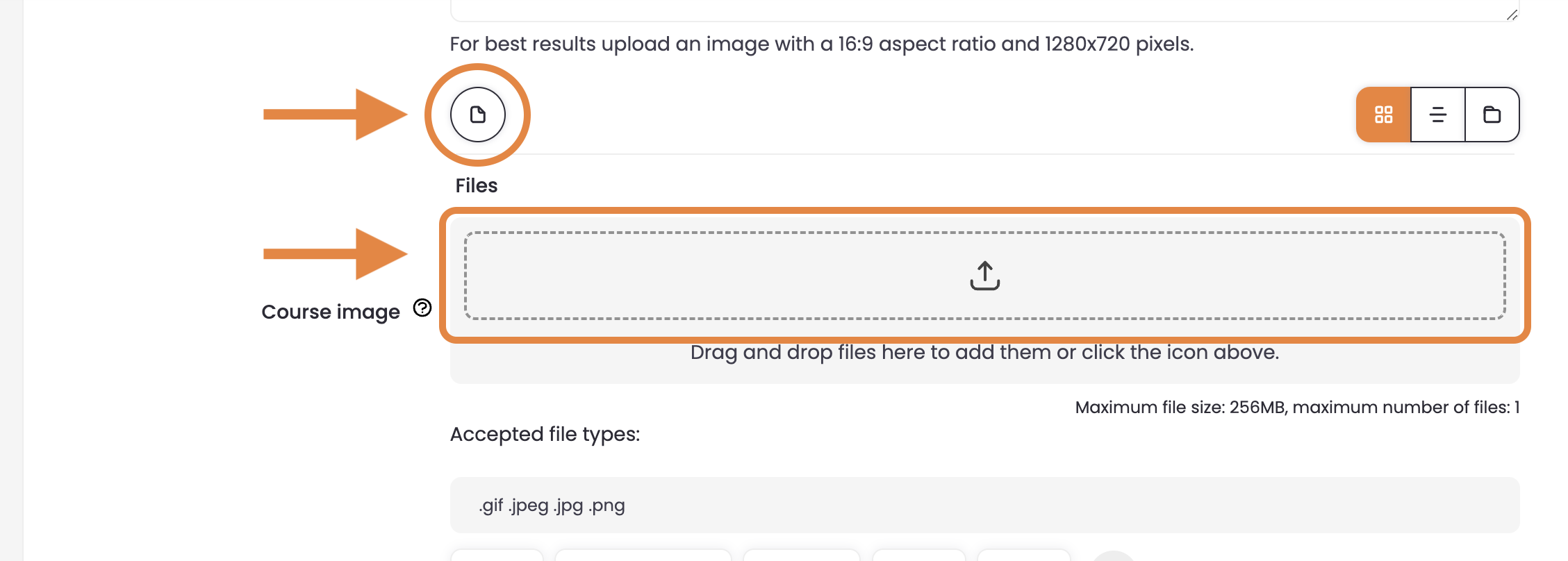 4 - The Create Course page, indicating the file-upload icon and box.png
