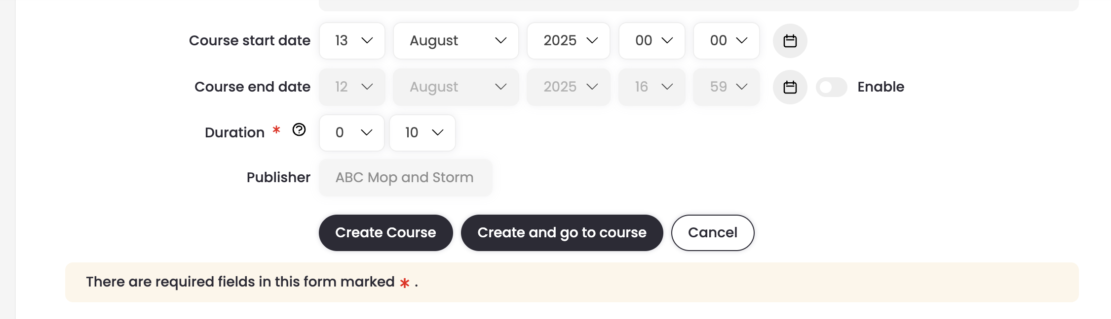 5 - The Create Course page's start date, end date, duration, and publisher fields.png