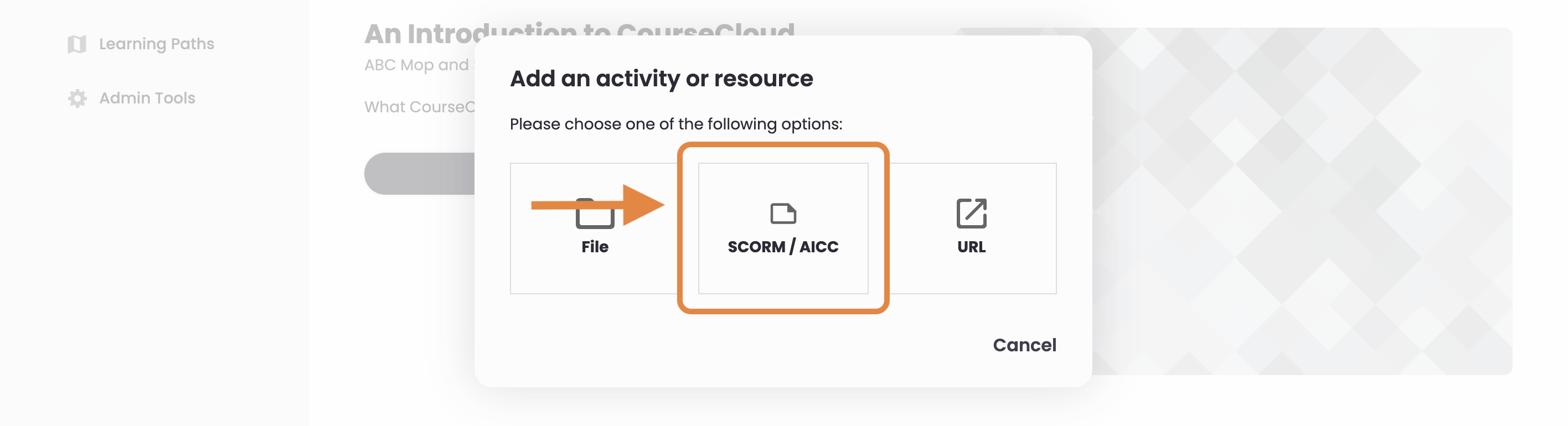 16 - The course container's upload types, indicating the SCORM : AICC option.png