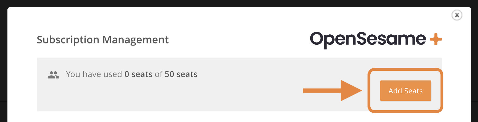 8 - The OpenSesame Plus subscription management window, indicating the Add Seats button.png