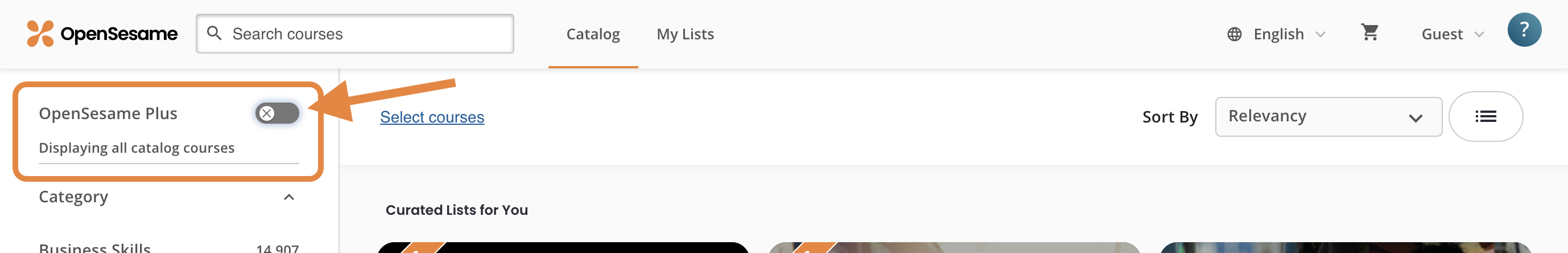 9 - The OpenSesame catalog, indicating an inactive OpenSesame Plus toggle.png