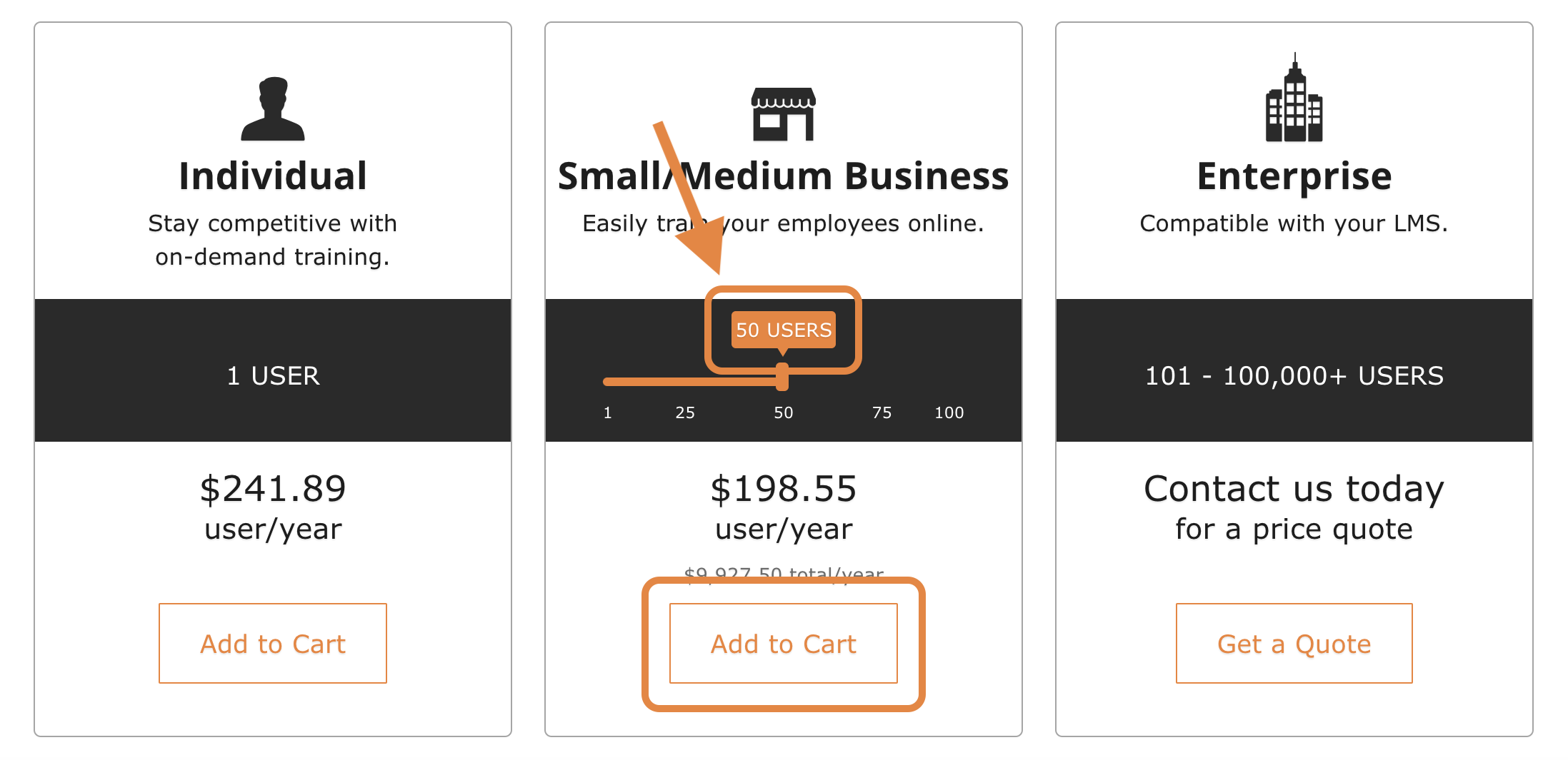 2 - The OpenSesame Plus subscription page, indicating the seat selector and the Add to Cart button.png