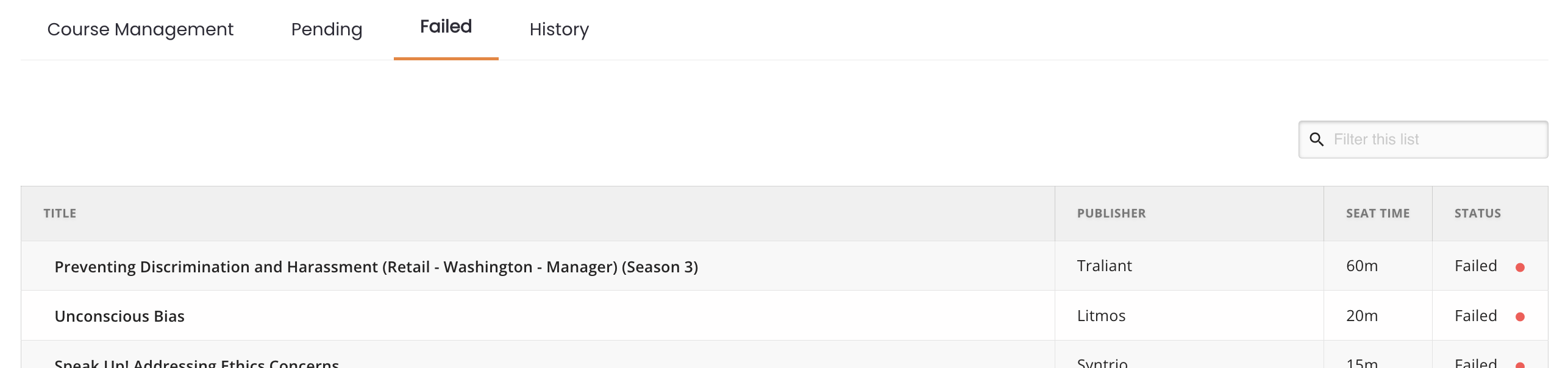 12 - The Courses dashboard, on the Failed tab, which has courses that did not send.png