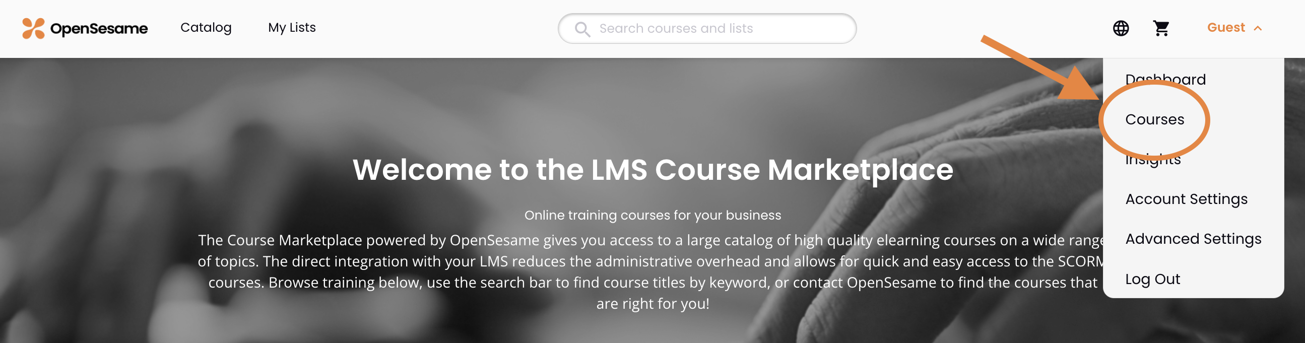 1 - The OpenSesame account menu, indicating the Courses option.png