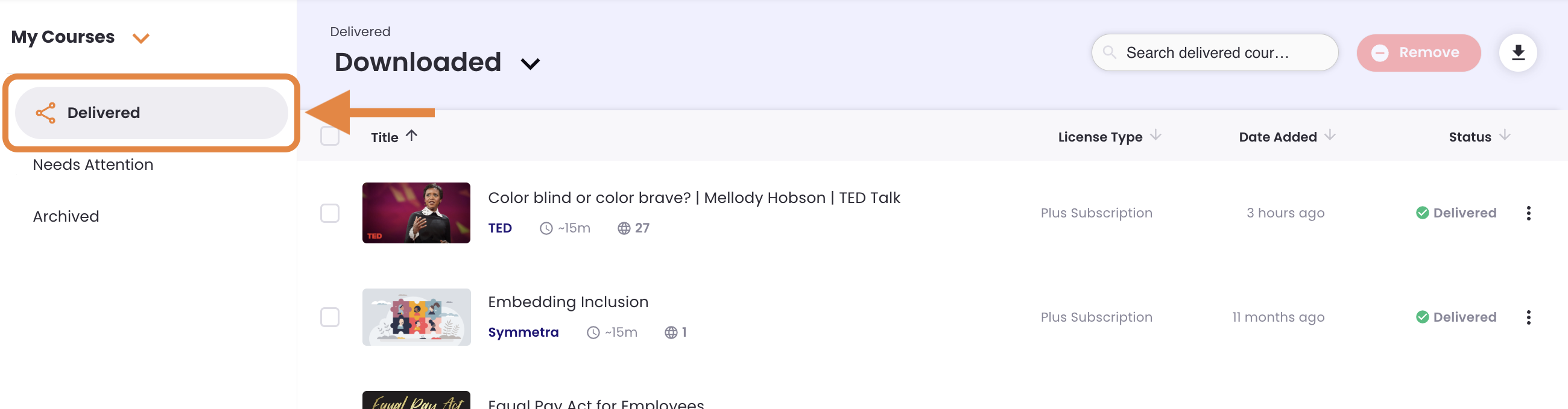 6 - The My Courses dashboard, indicating the Delivered tab.png