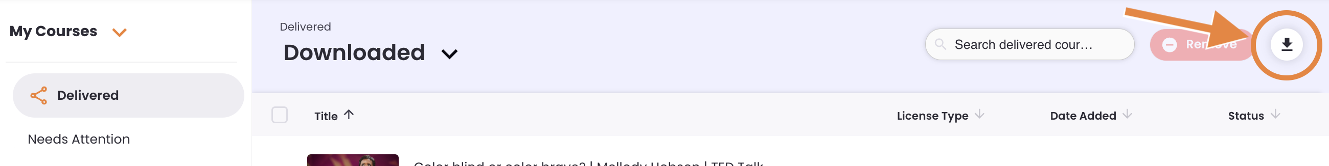 3 - The My Courses dashboard, indicating the Download CSV tool.png