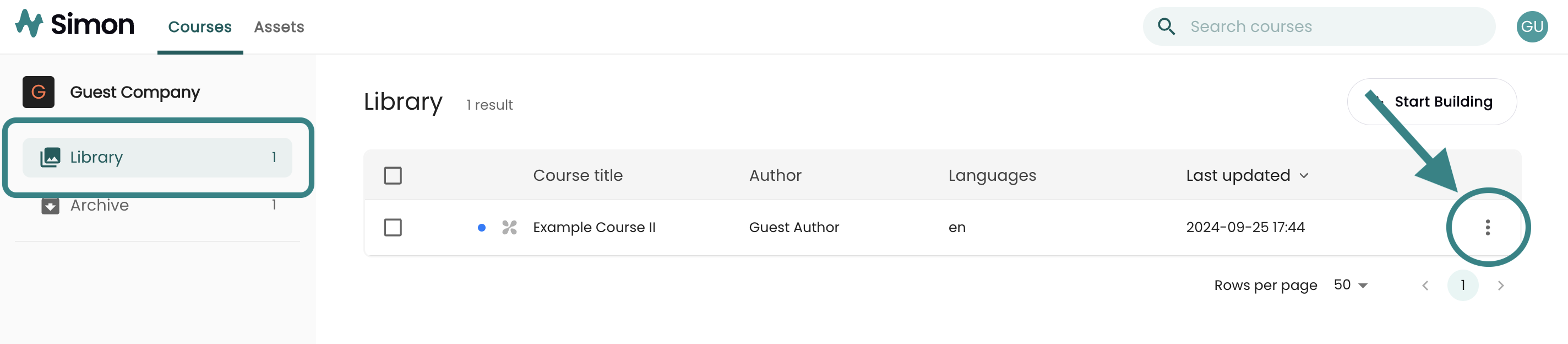1 - The Simon Course Manager's Library tab, indicating a course's More Options menu.png