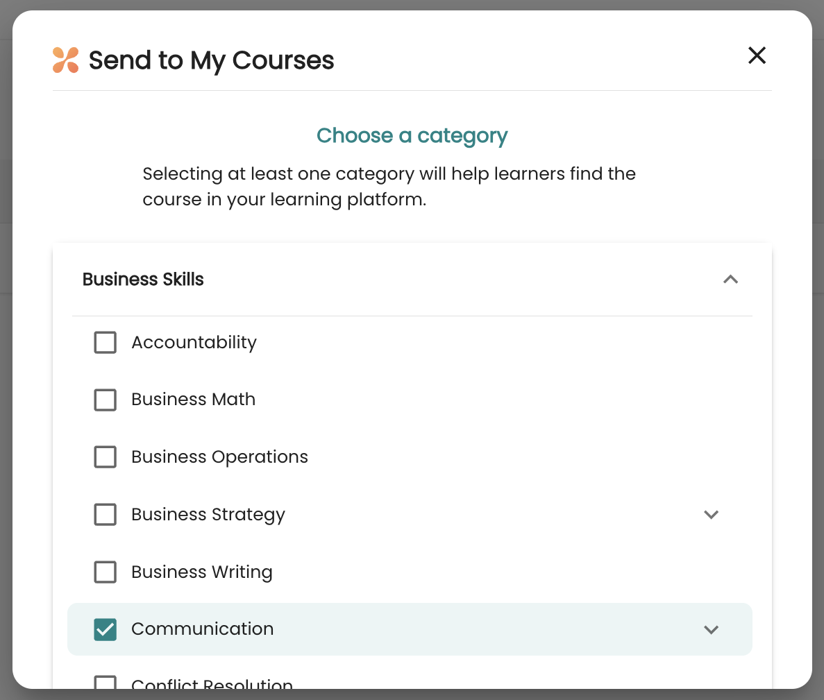 3 - The first step in sending courses - a top-level category is expanded and a category from within is selected.png