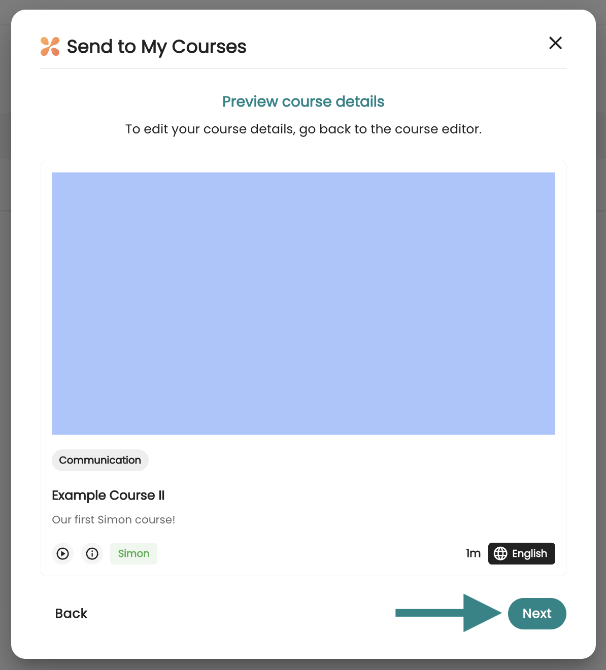 5 - The second step in sending courses - A preview of the course's card in the catalog, indicating the Next button.png