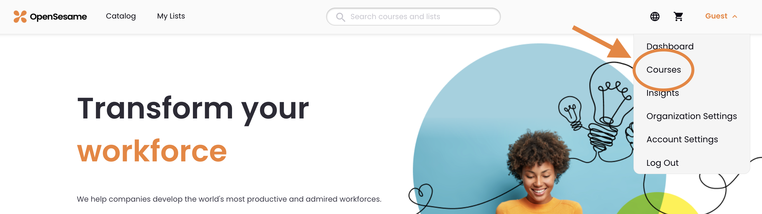 9 - The OpenSesame landing page, indicating the Courses option in the account menu.png