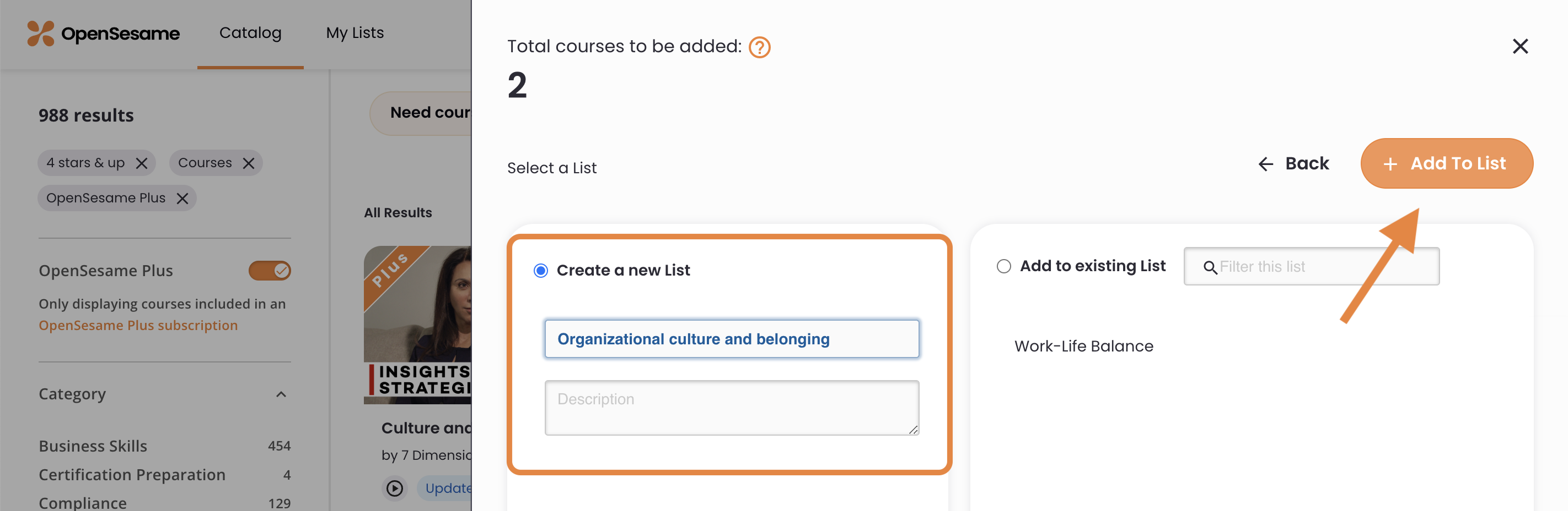 4 - Create a New List is selected, a title entered, and the Add to List button is indicated.png