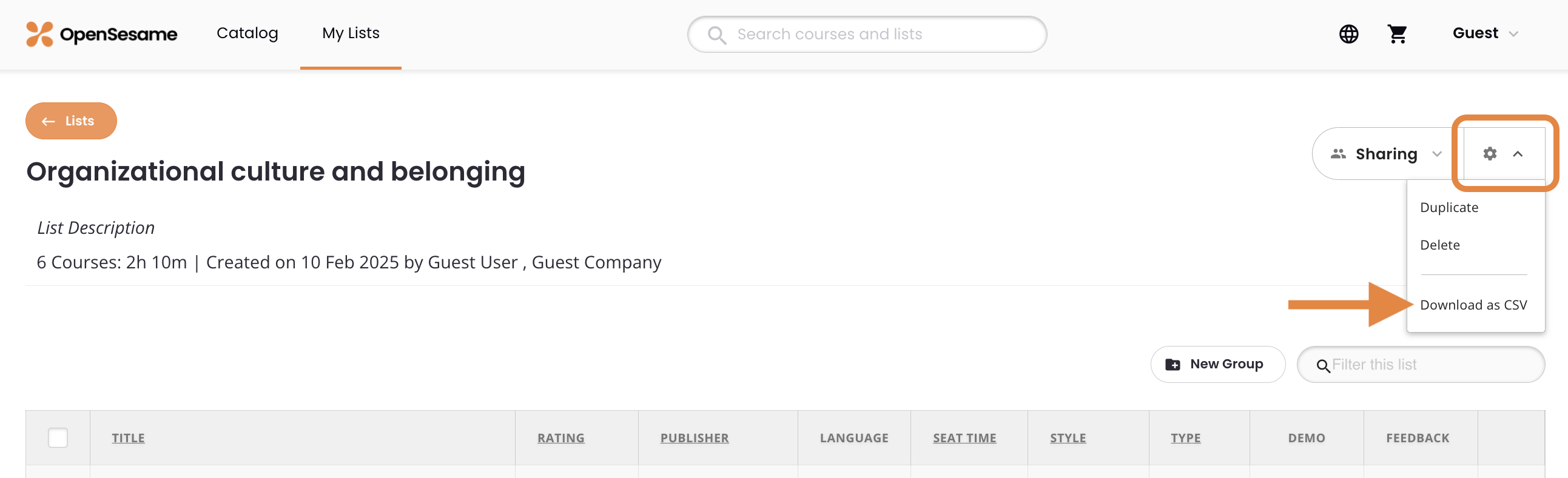 1 - An OpenSesame List's menu, indicating the Download CSV option.png