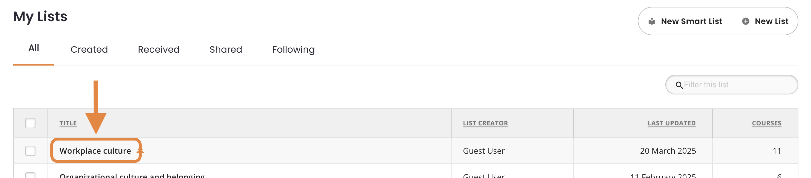 2 - The My Lists page, indicating the title of a List.png