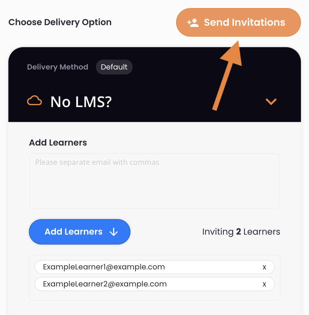 5 - The learner email addresses are queued and the Send Invitations button is indicated.png