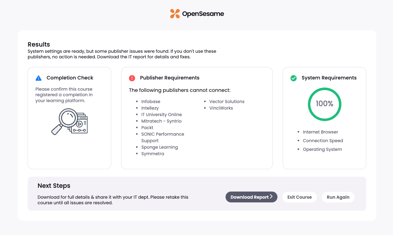 2 - The OpenSesame Test Course's results page with publisher connection issues.png