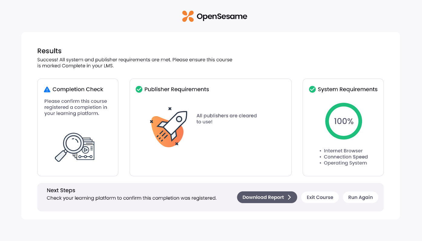 3 - The OpenSesame Test Course's results page when all checks are successful.png