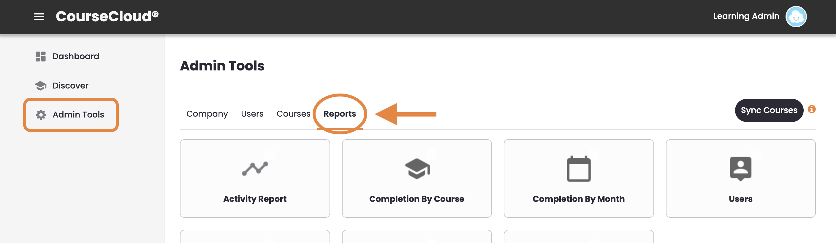 1 - The CourseCloud Admin Tools, indicating the Reports tab.png
