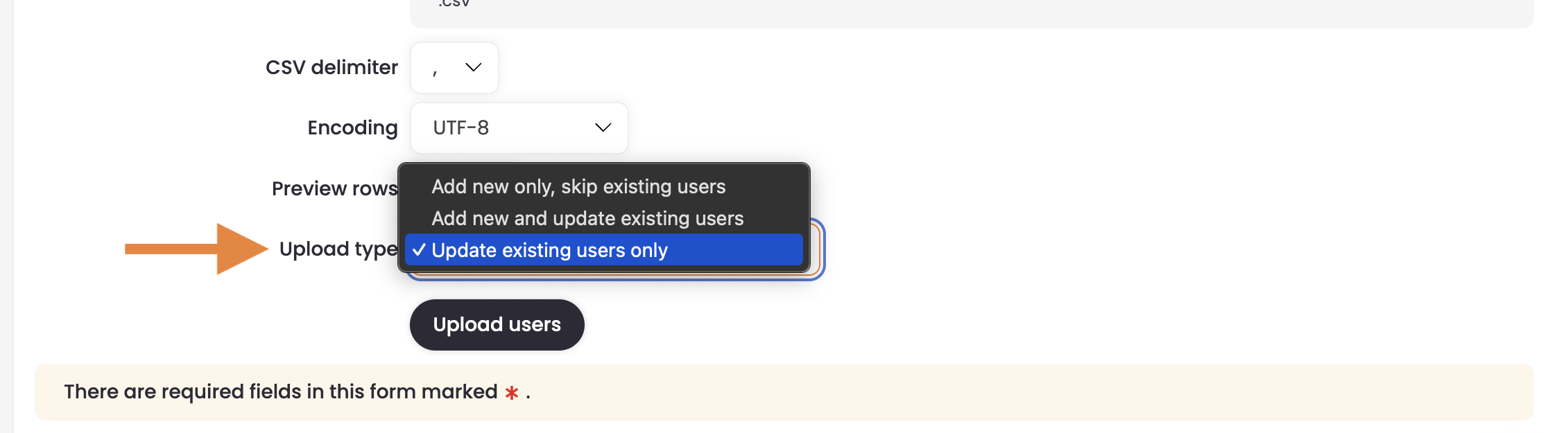 4 - The Upload Users page, indicating the Upload Type setting.png