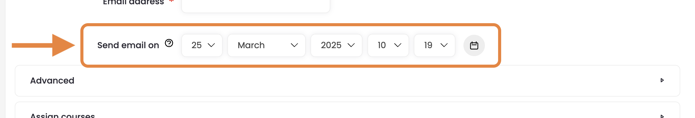 3 - The Create User page, indicating the Send Email On scheduling tool.png
