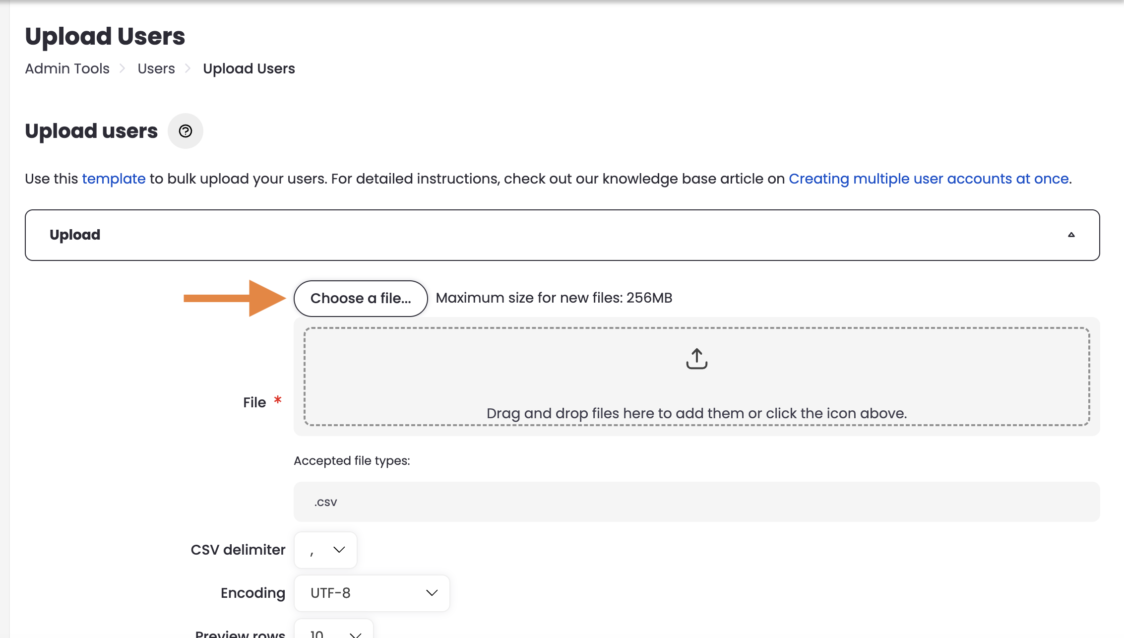 9 - The Upload Users page, indicating the Choose a File button.png