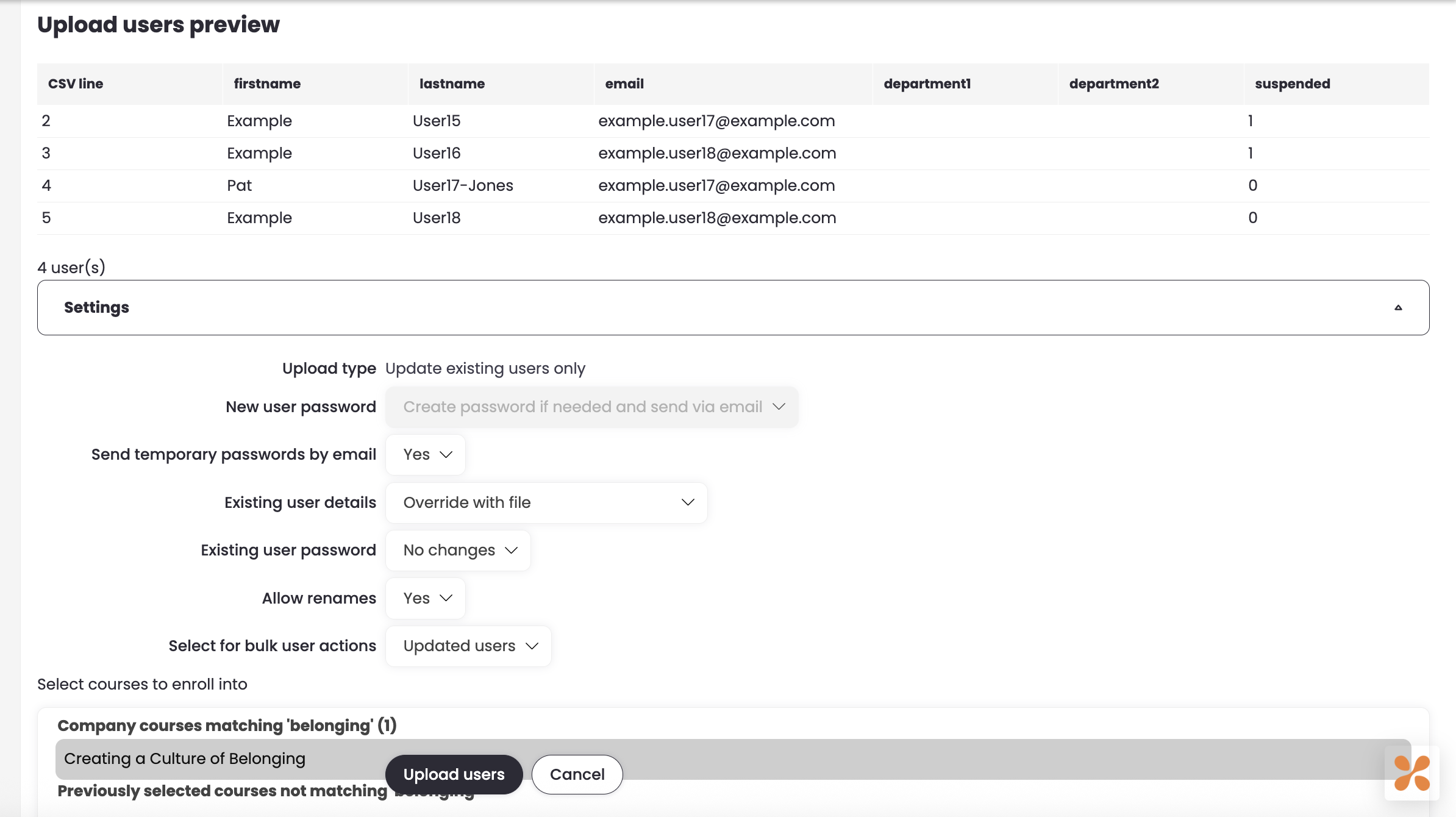 6 - The Upload Users preview page and settings.png