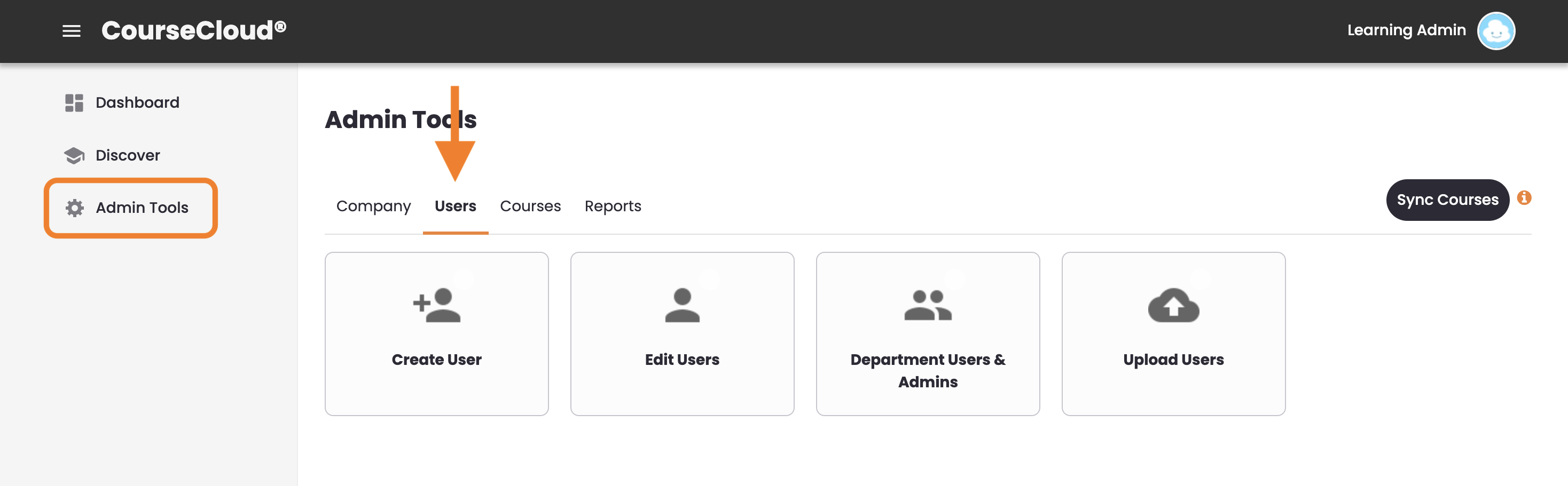 1 - The CourseCloud Admin Tools, indicating the Users tab.png