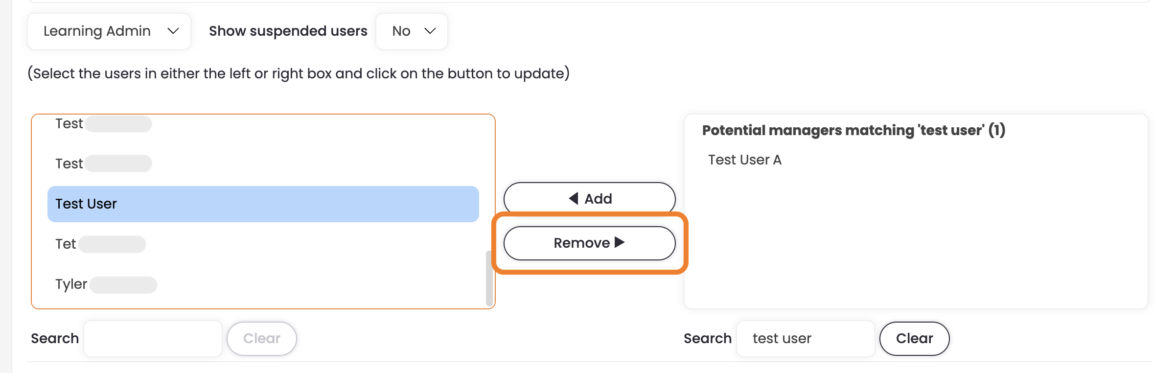 7 - A Learning Admin is selected, and the Remove button is indicated.png