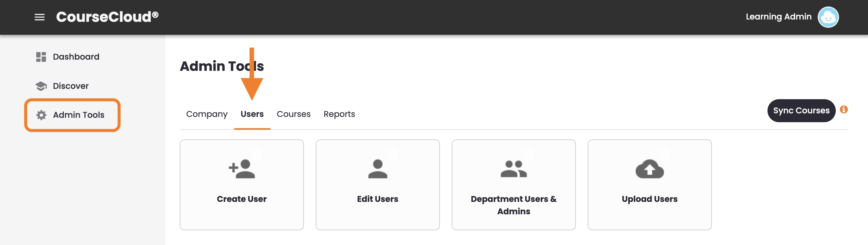 1 - The CourseCloud Admin Tools, indicating the Users tab.png