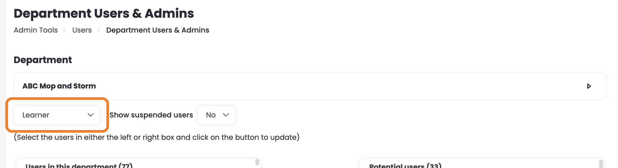 2 - The Department Users & Admins page, indicating the Role filter.png