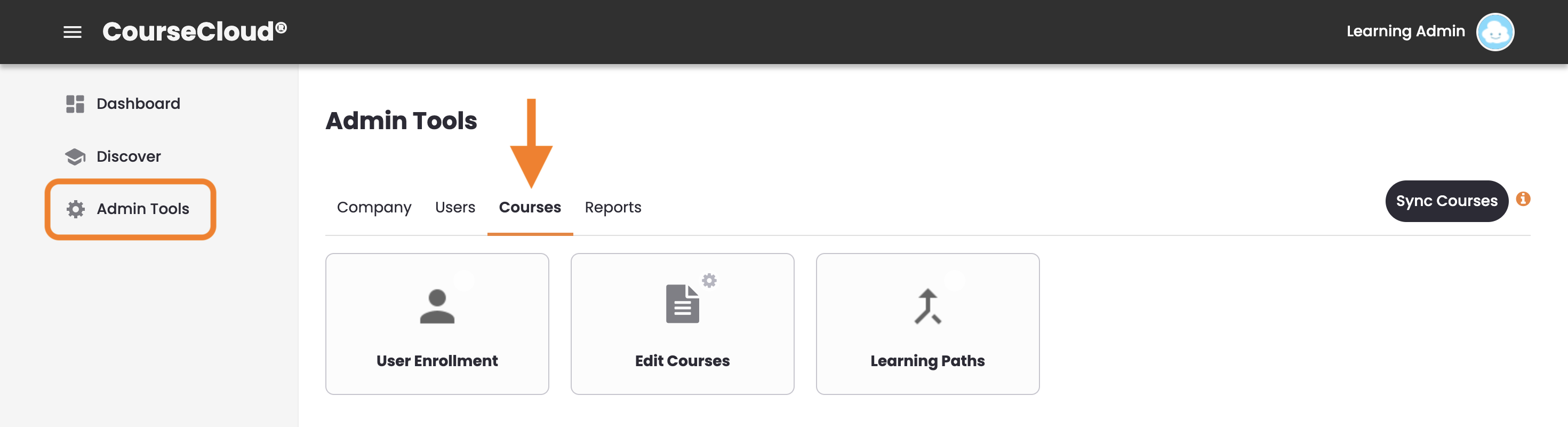 1 - The CourseCloud Admin Tools, indicating the Courses tab.png