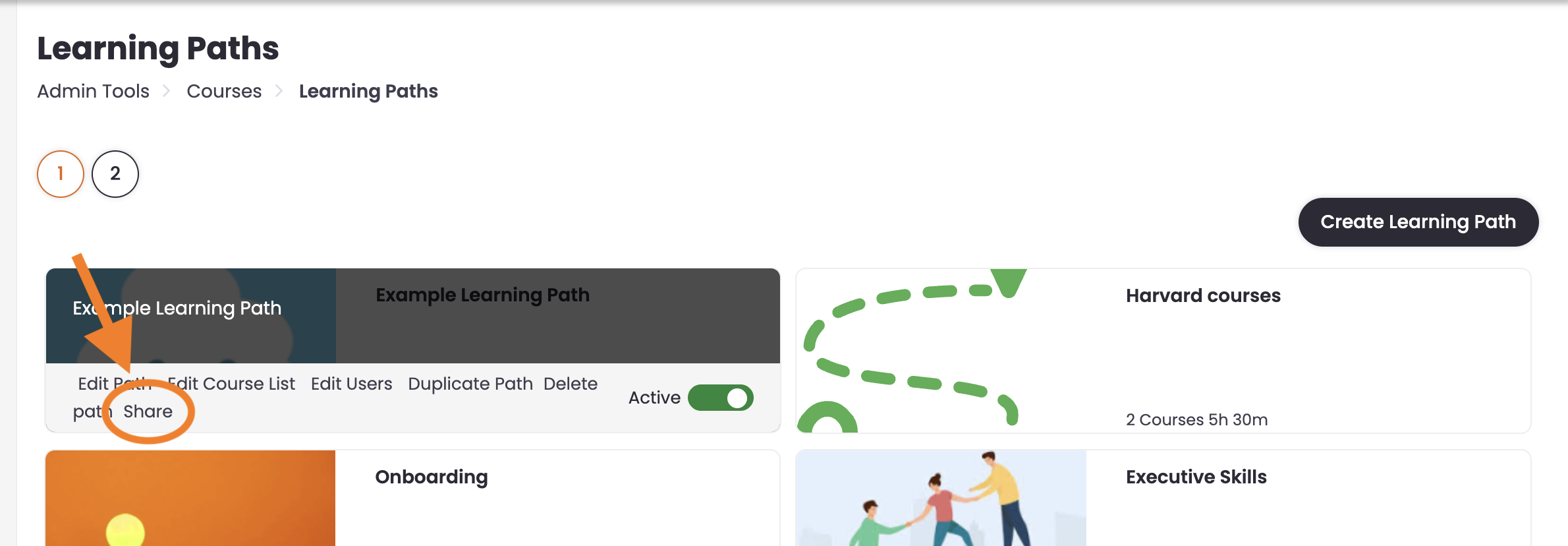 2 - The Learning Paths page, indicating a path's Share link.png