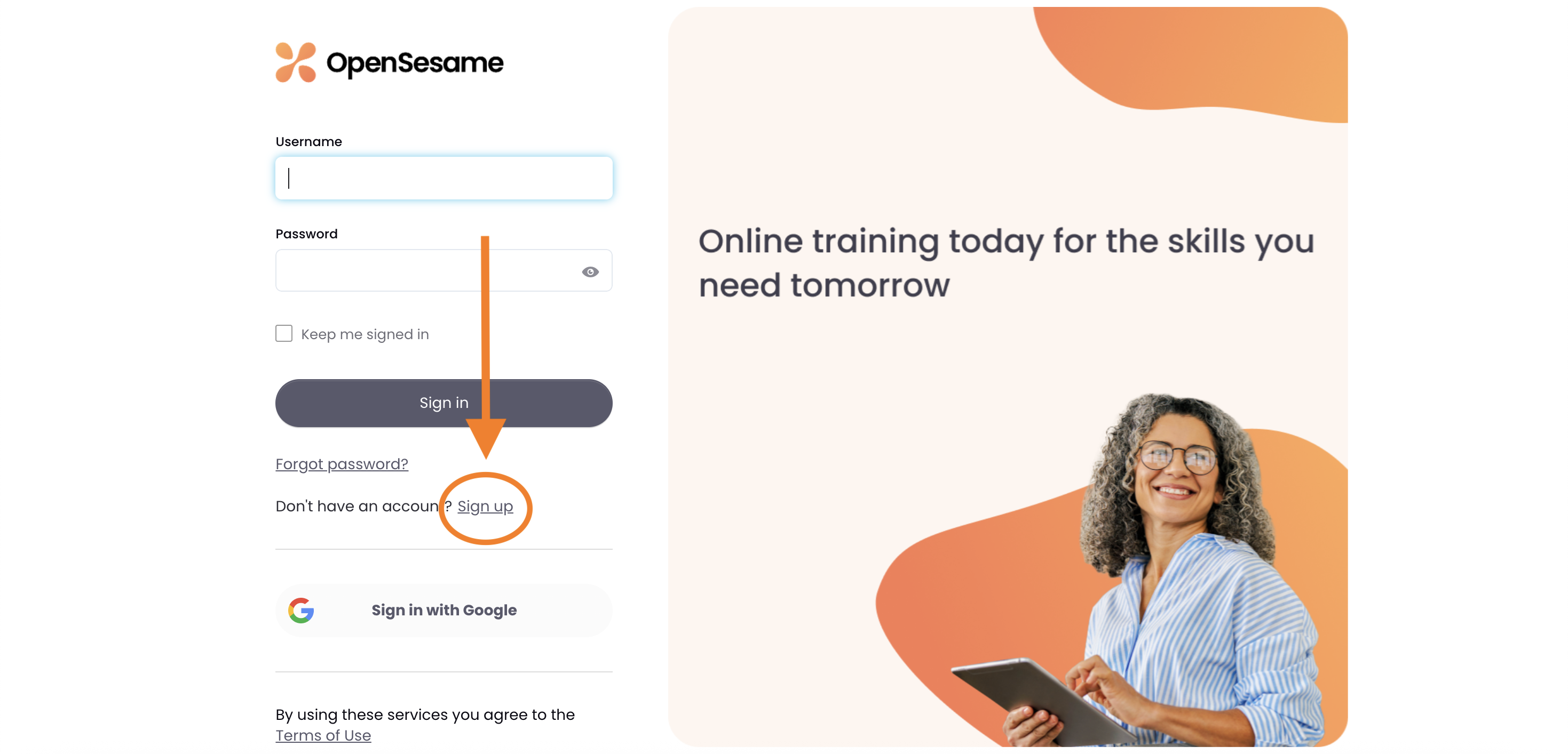 2 - The OpenSesame login page, indicating the Sign up link.png