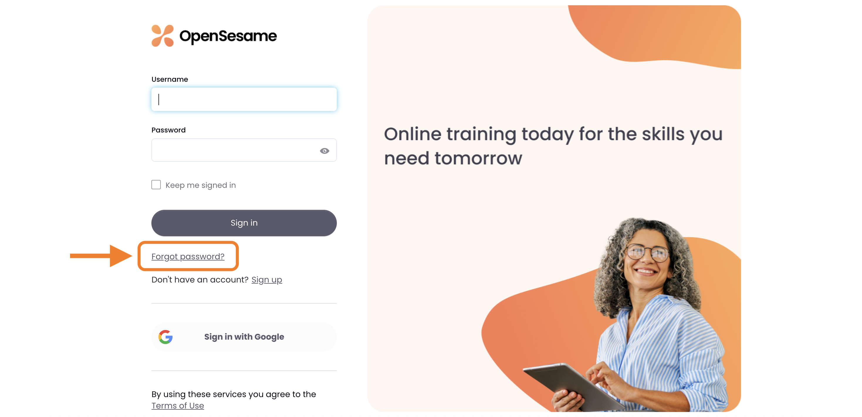 1 - The OpenSesame login page, indicating the Forgot Password link.png