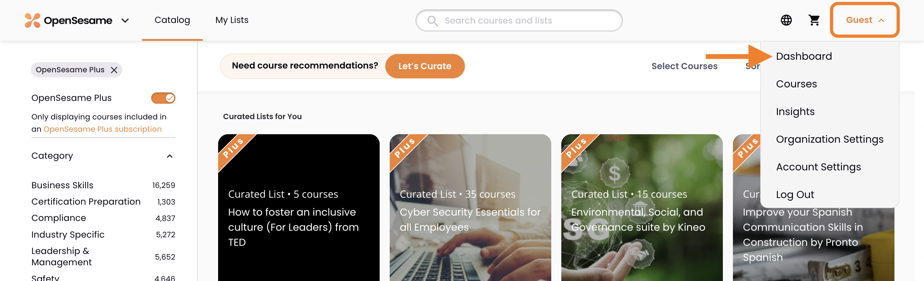 1 - The OpenSesame account menu, indicating Dashboard.png