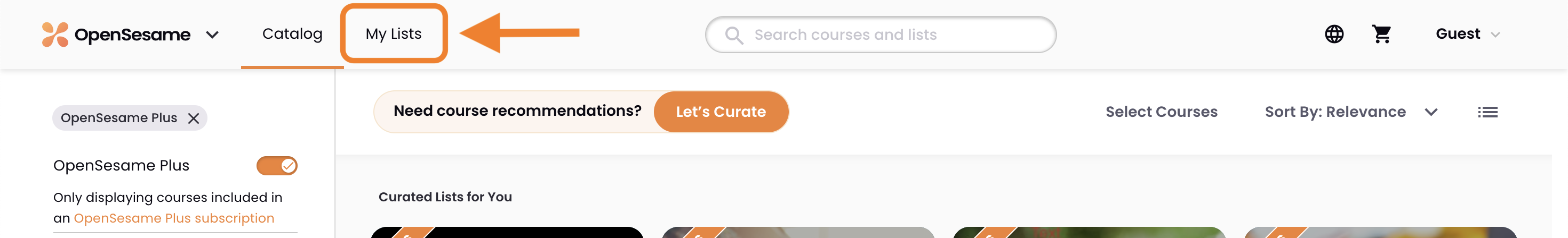 1 - The OpenSesame navigation bar, indicating My Lists.png