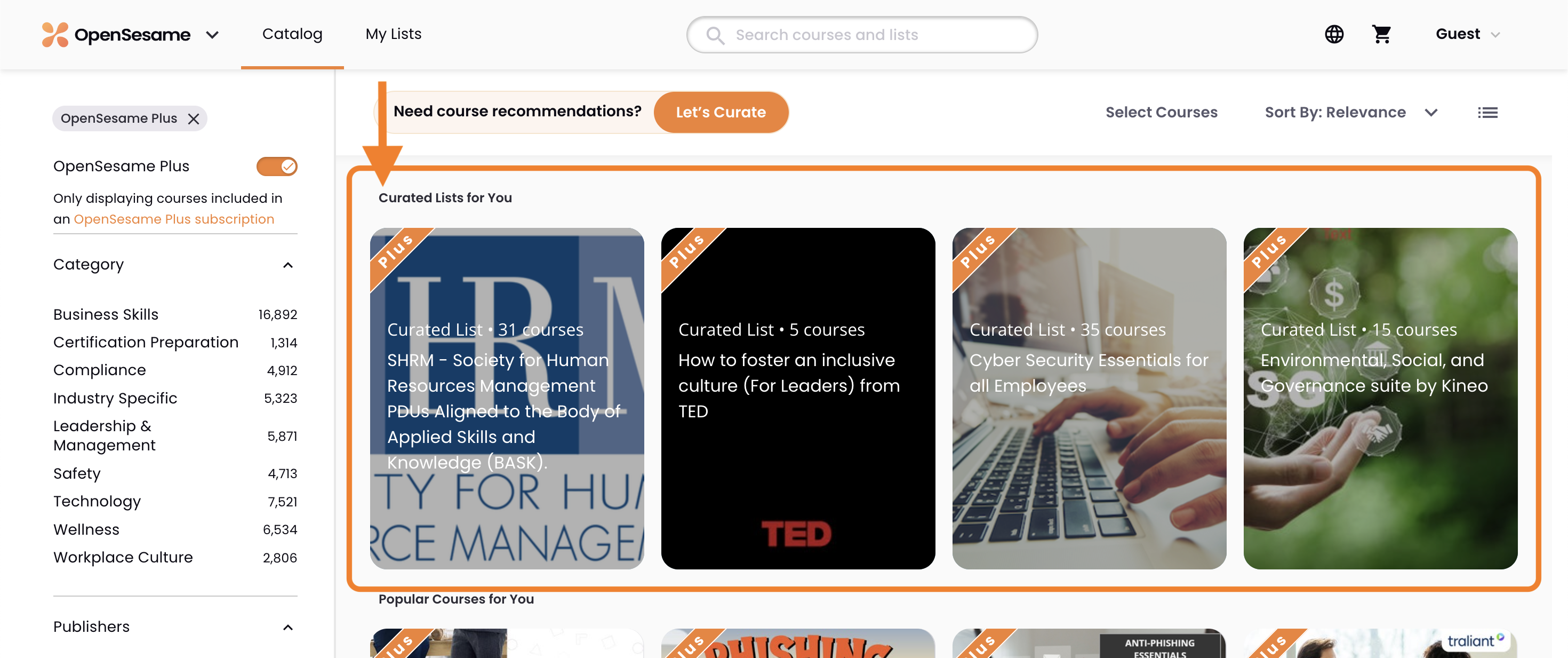 1 - The OpenSesame catalog, indicating Curated Lists in the default results.png